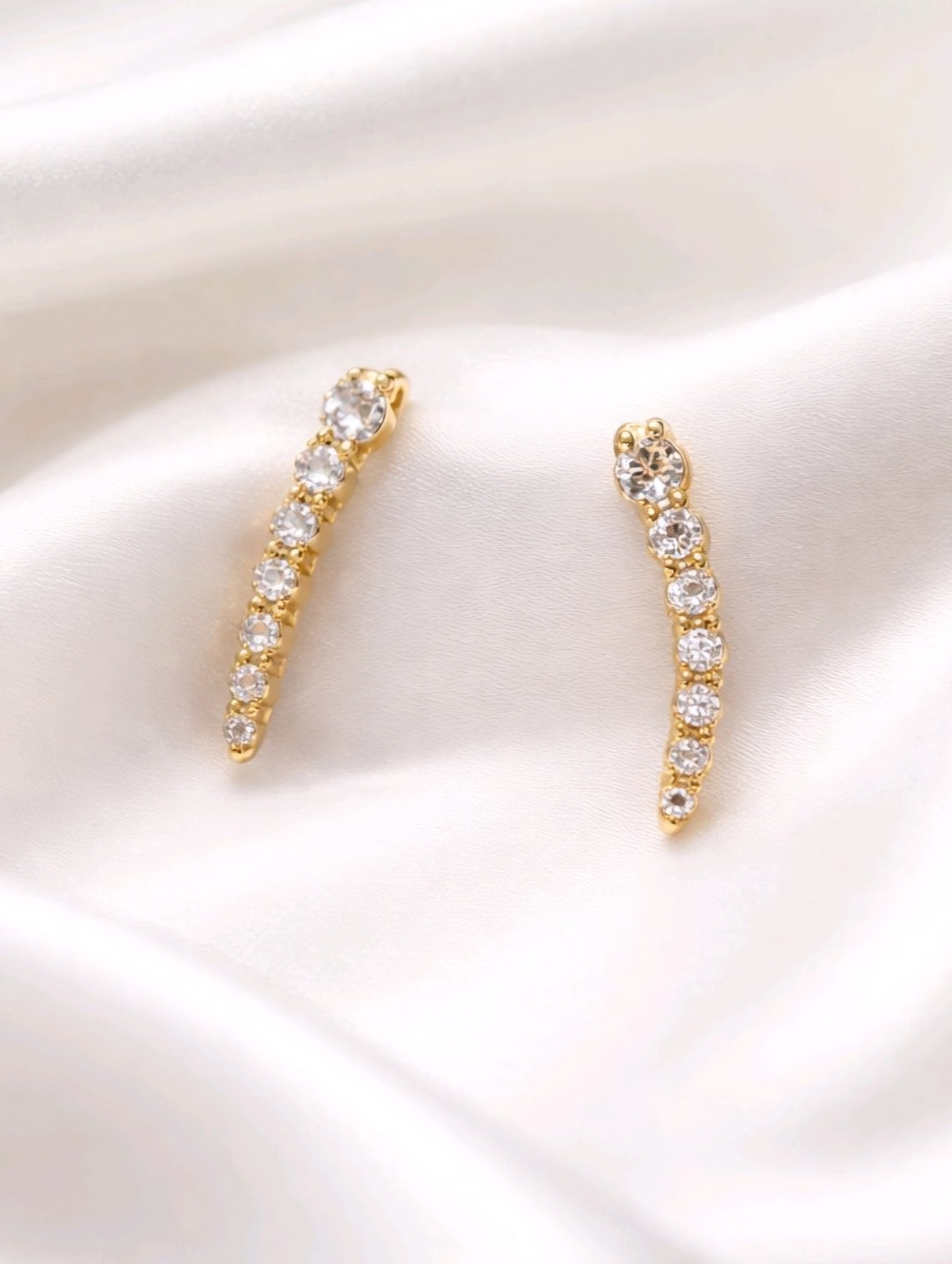 New! Solid 14K Yellow Gold Curved, Round Stone, CZ Earrings